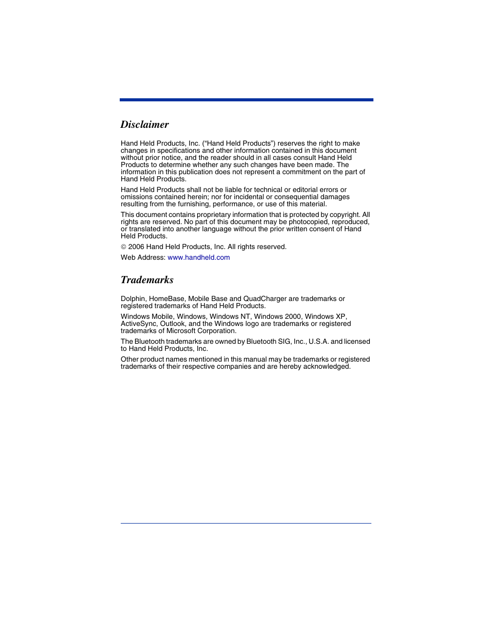 Disclaimer, Trademarks | Hand Held Products DOLPHIN 7900 User Manual | Page 2 / 12