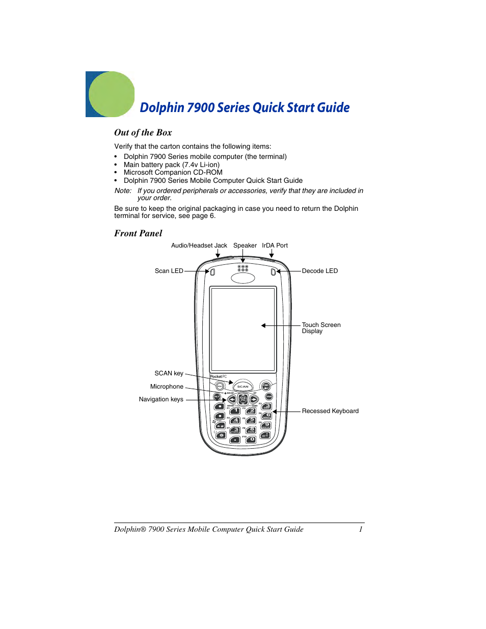 Dolphin 7900 series quick start guide, Out of the box, Front panel | Hand Held Products DOLPHIN 7900 User Manual | Page 3 / 12