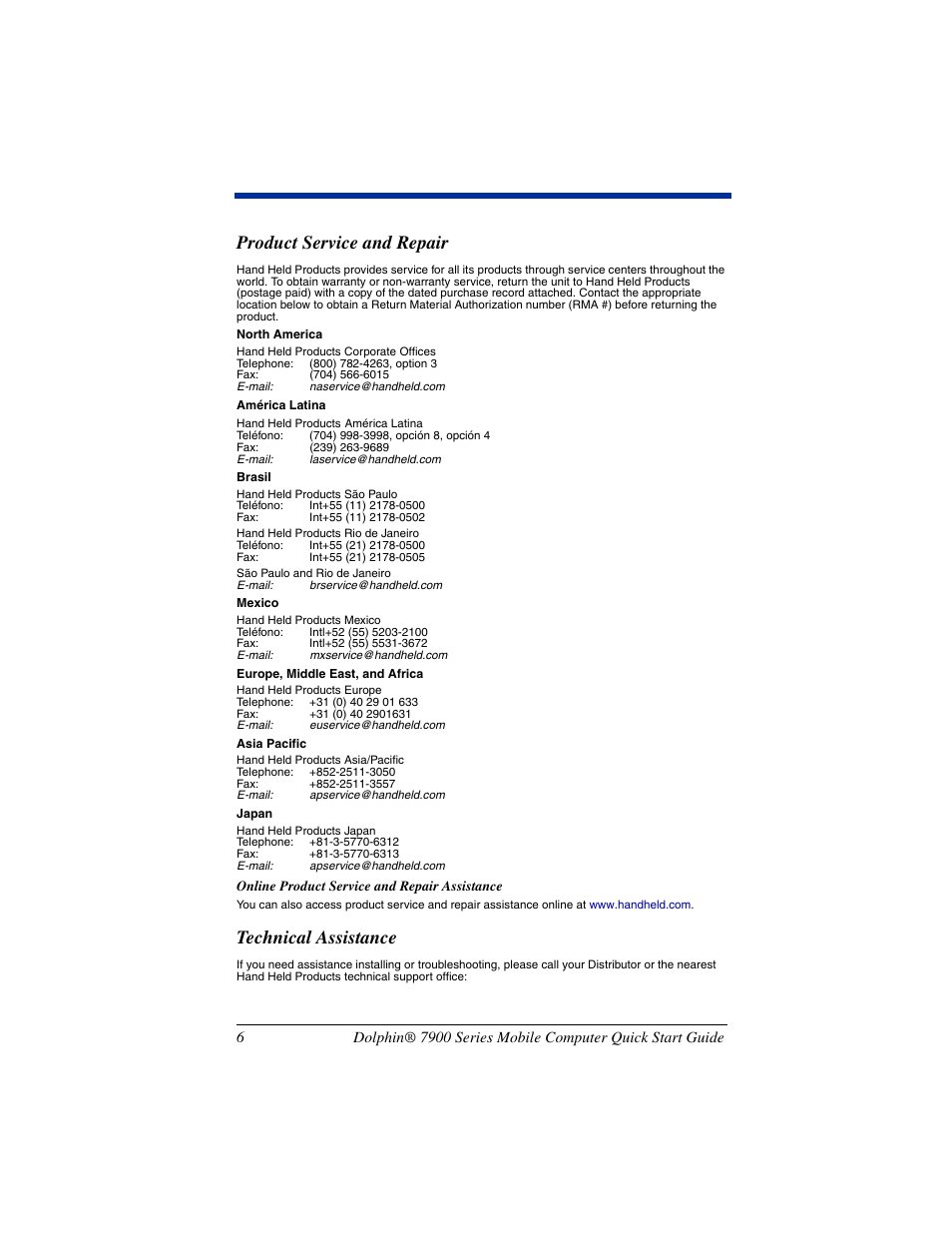 Product service and repair, Technical assistance | Hand Held Products DOLPHIN 7900 User Manual | Page 8 / 12