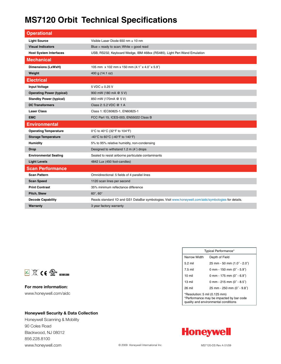 Ms7120 orbit technical specifications, Operational, Mechanical | Electrical, Environmental, Scan performance | Hand Held Products Orbit MS7120 User Manual | Page 2 / 2