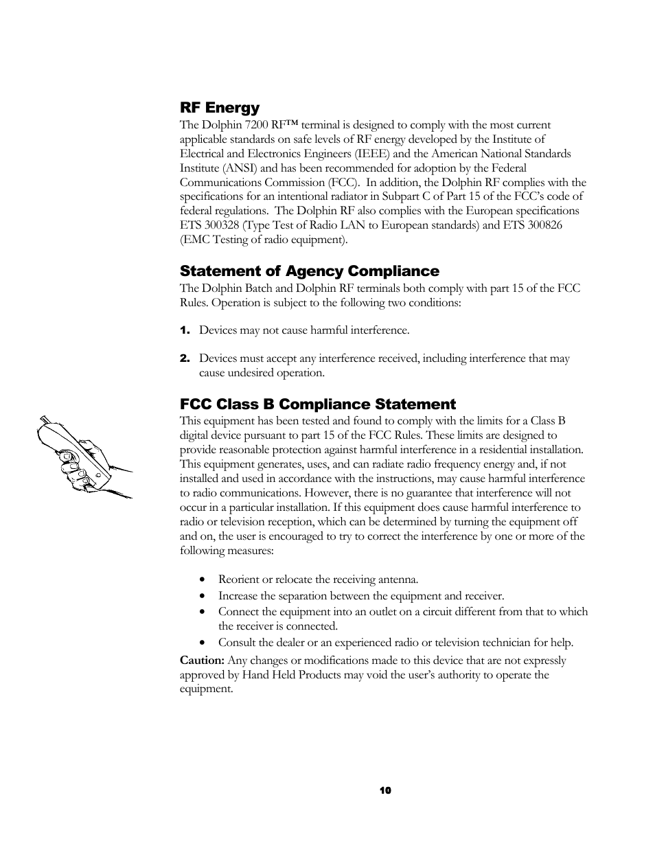 Rf energy, Statement of agency compliance, Fcc class b compliance statement | Hand Held Products 7200/UG User Manual | Page 10 / 181