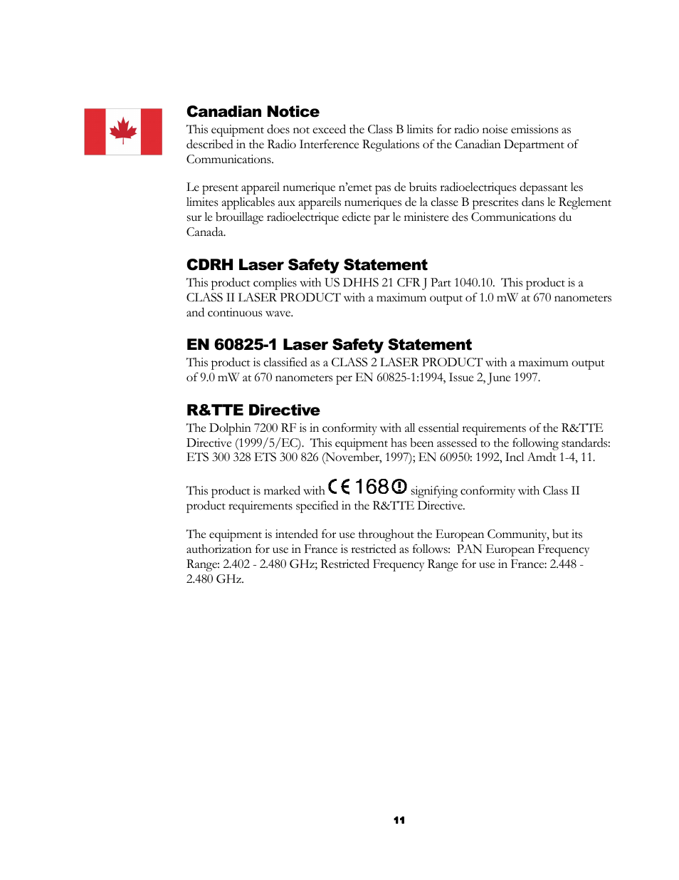 Canadian notice, Cdrh laser safety statement, R&tte directive | Hand Held Products 7200/UG User Manual | Page 11 / 181