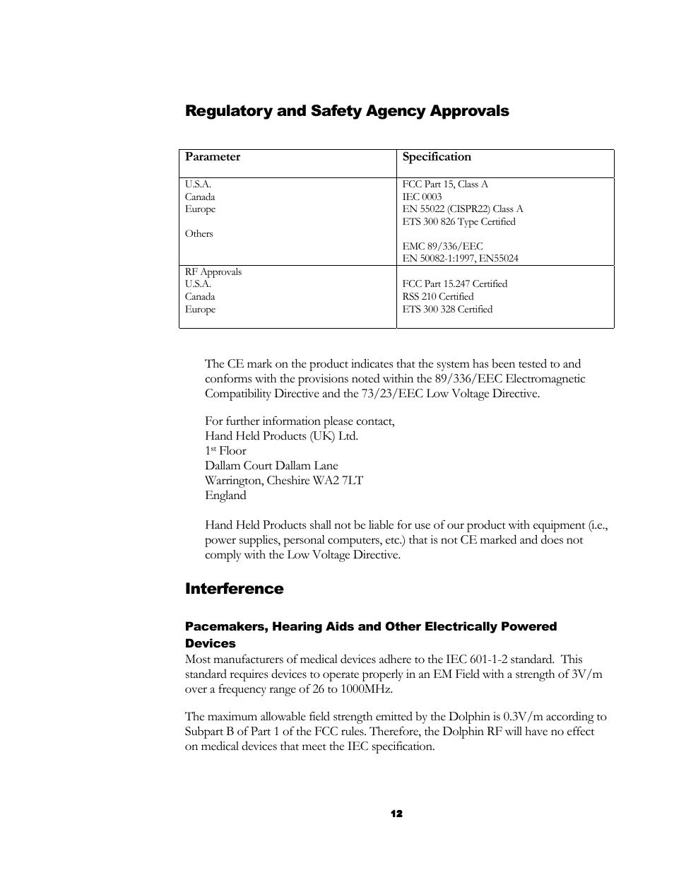 Regulatory and safety agency approvals, Interference | Hand Held Products 7200/UG User Manual | Page 12 / 181