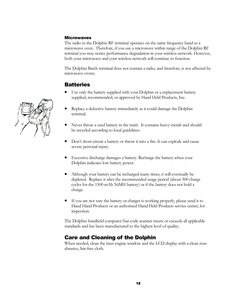 Batteries, Care and cleaning of the dolphin | Hand Held Products 7200/UG User Manual | Page 13 / 181