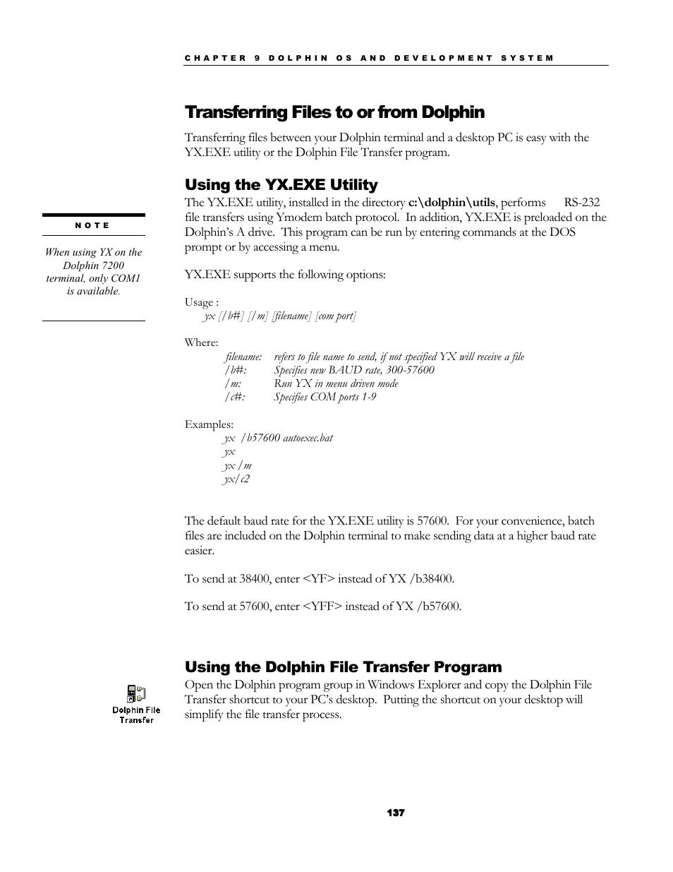 Transferring files to or from dolphin, Using the yx.exe utility, Using the dolphin file transfer program | Hand Held Products 7200/UG User Manual | Page 137 / 181