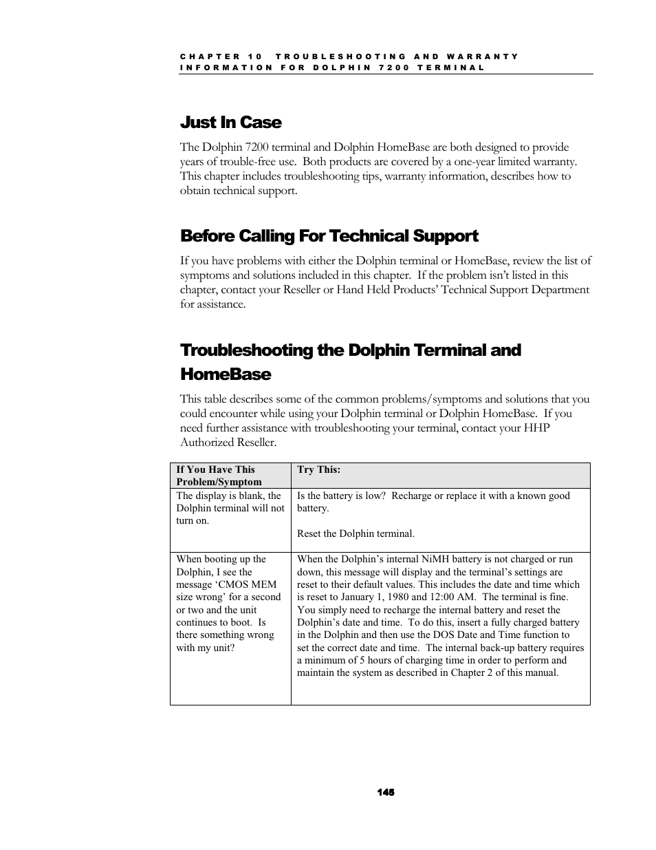 Just in case, Before calling for technical support, Troubleshooting the dolphin terminal and homebase | Hand Held Products 7200/UG User Manual | Page 145 / 181