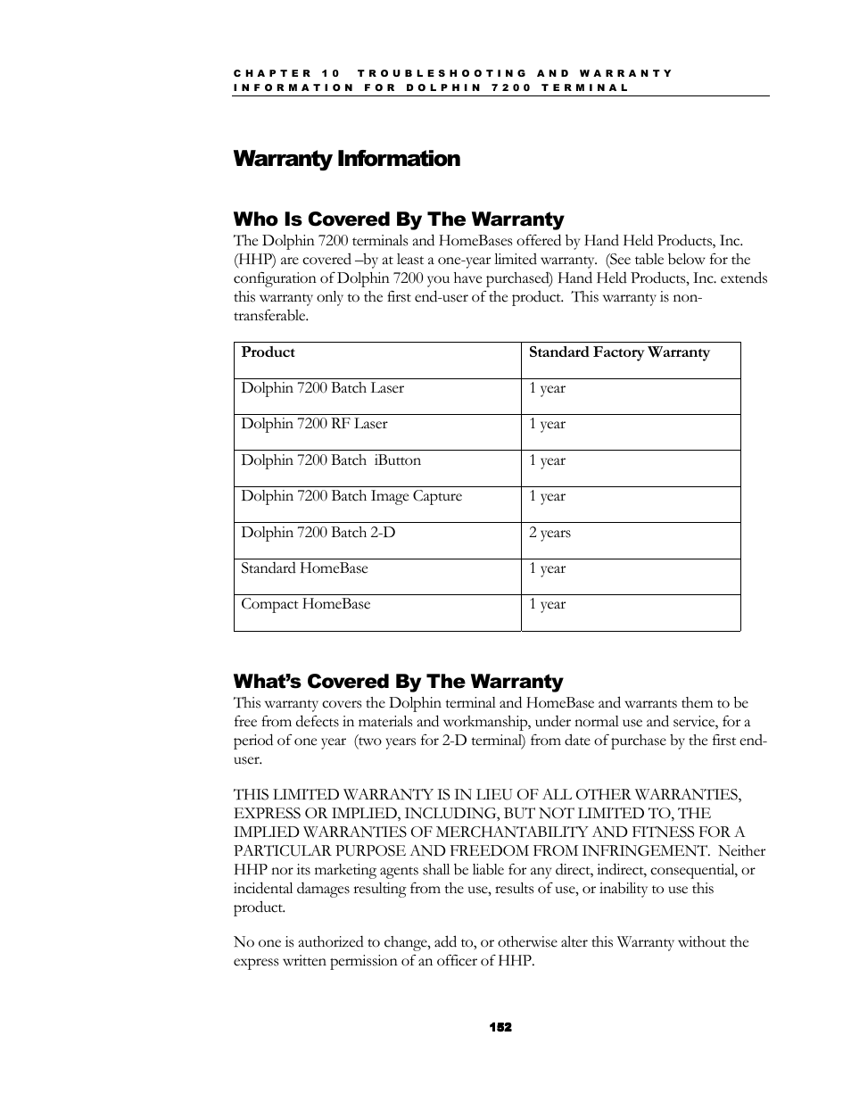 Warranty information, Who is covered by the warranty, What’s covered by the warranty | Hand Held Products 7200/UG User Manual | Page 152 / 181