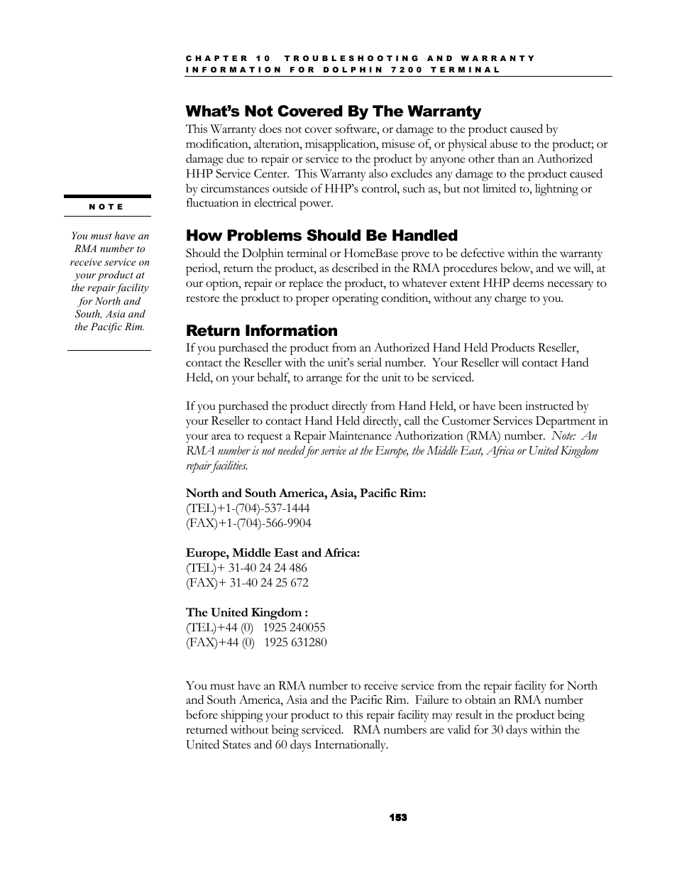 What’s not covered by the warranty, How problems should be handled, Return information | Hand Held Products 7200/UG User Manual | Page 153 / 181