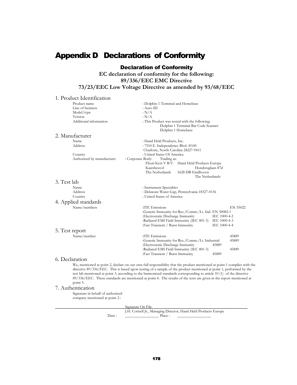 Appendix d declarations of conformity, Product identification, Manufacturer | Test lab, Applied standards, Test report, Declaration, Authentication, Declaration of conformity | Hand Held Products 7200/UG User Manual | Page 178 / 181