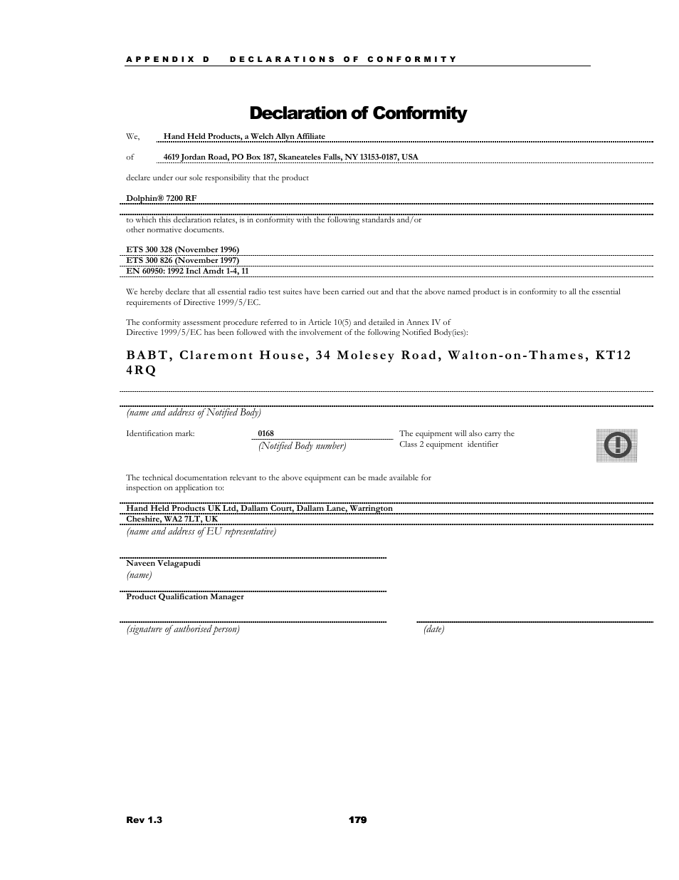 Declaration of conformity | Hand Held Products 7200/UG User Manual | Page 179 / 181