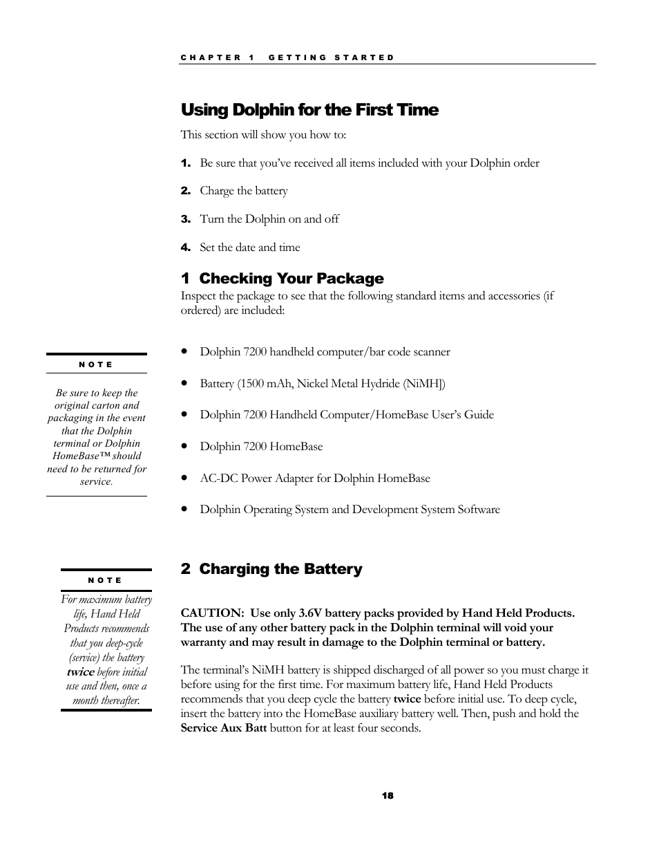 Using dolphin for the first time, 1 checking your package, 2 charging the battery | Hand Held Products 7200/UG User Manual | Page 18 / 181