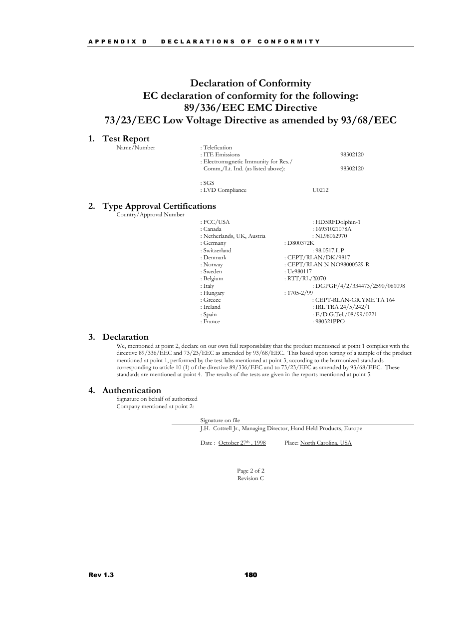 Test report, Type approval certifications, Declaration | Authentication | Hand Held Products 7200/UG User Manual | Page 180 / 181