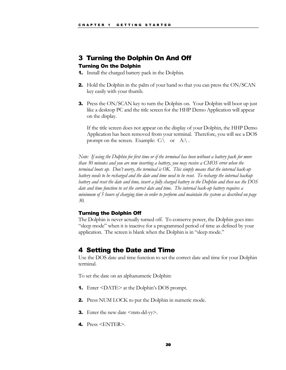 3 turning the dolphin on and off, 4 setting the date and time | Hand Held Products 7200/UG User Manual | Page 20 / 181