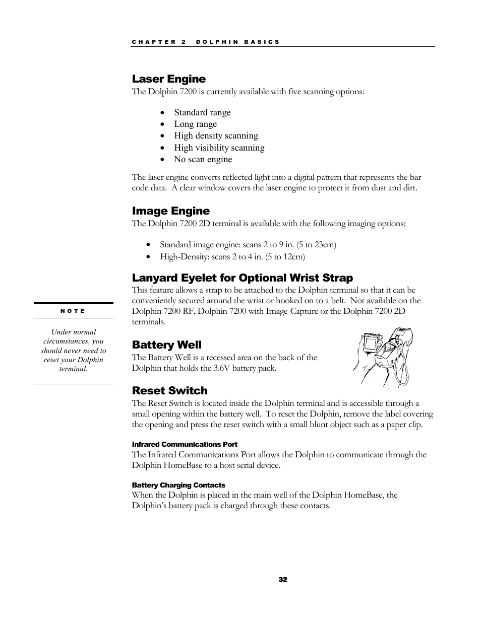 Laser engine, Image engine, Lanyard eyelet for optional wrist strap | Battery well, Reset switch | Hand Held Products 7200/UG User Manual | Page 32 / 181