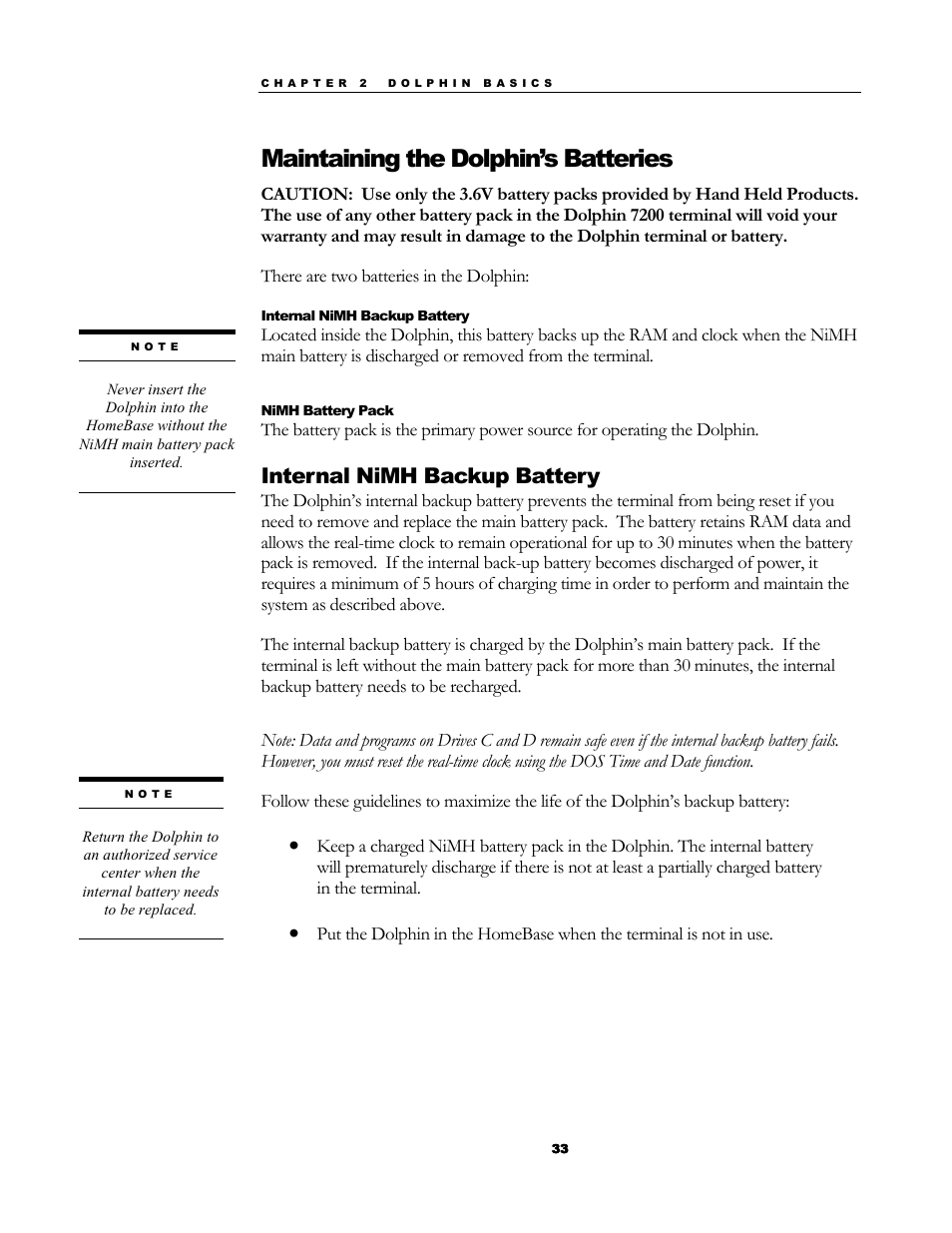 Maintaining the dolphin’s batteries, Internal nimh backup battery | Hand Held Products 7200/UG User Manual | Page 33 / 181