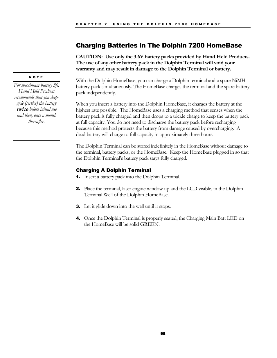 Charging batteries in the dolphin 7200 homebase | Hand Held Products 7200/UG User Manual | Page 98 / 181