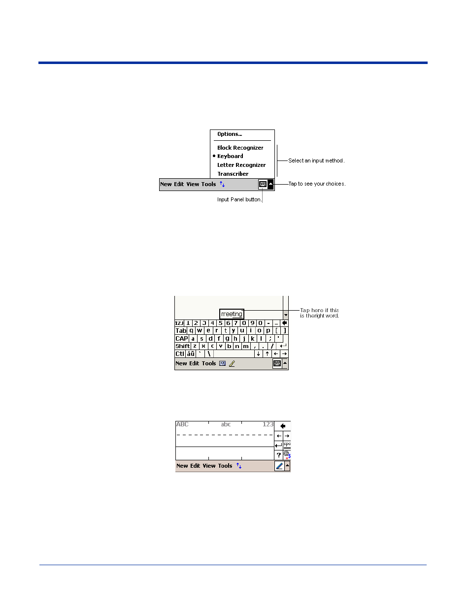 Using the soft input panel (sip), Using the soft input panel (sip) -8, Using the sip keyboard | Using the letter recognizer, Using the block recognizer | Hand Held Products 7900 Series User Manual | Page 48 / 240