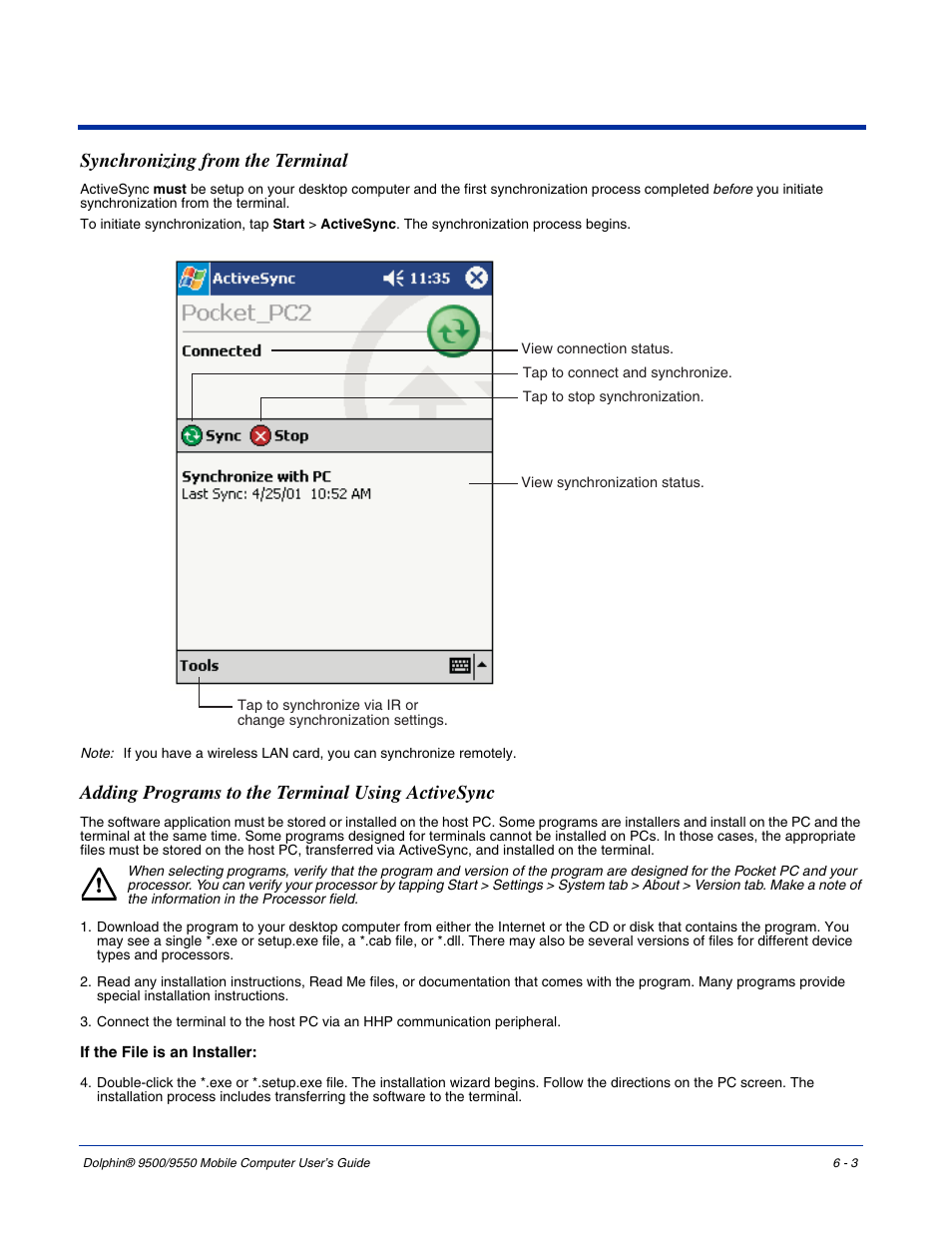Synchronizing from the terminal, Adding programs to the terminal using activesync | Hand Held Products 9550 User Manual | Page 101 / 248