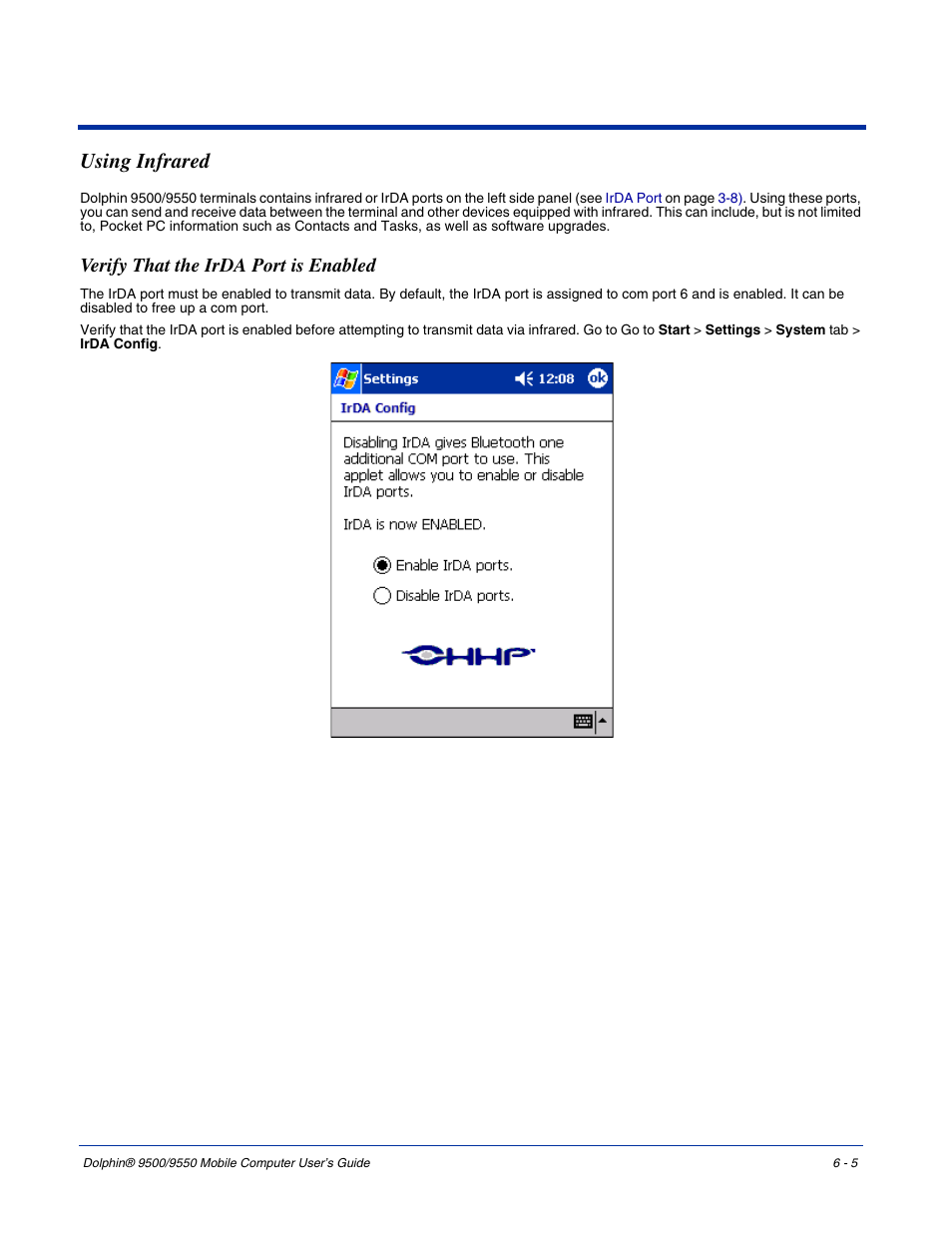Using infrared, Verify that the irda port is enabled, Using infrared -5 | Verify that the irda port is enabled -5, He irda port. for details, see | Hand Held Products 9550 User Manual | Page 103 / 248