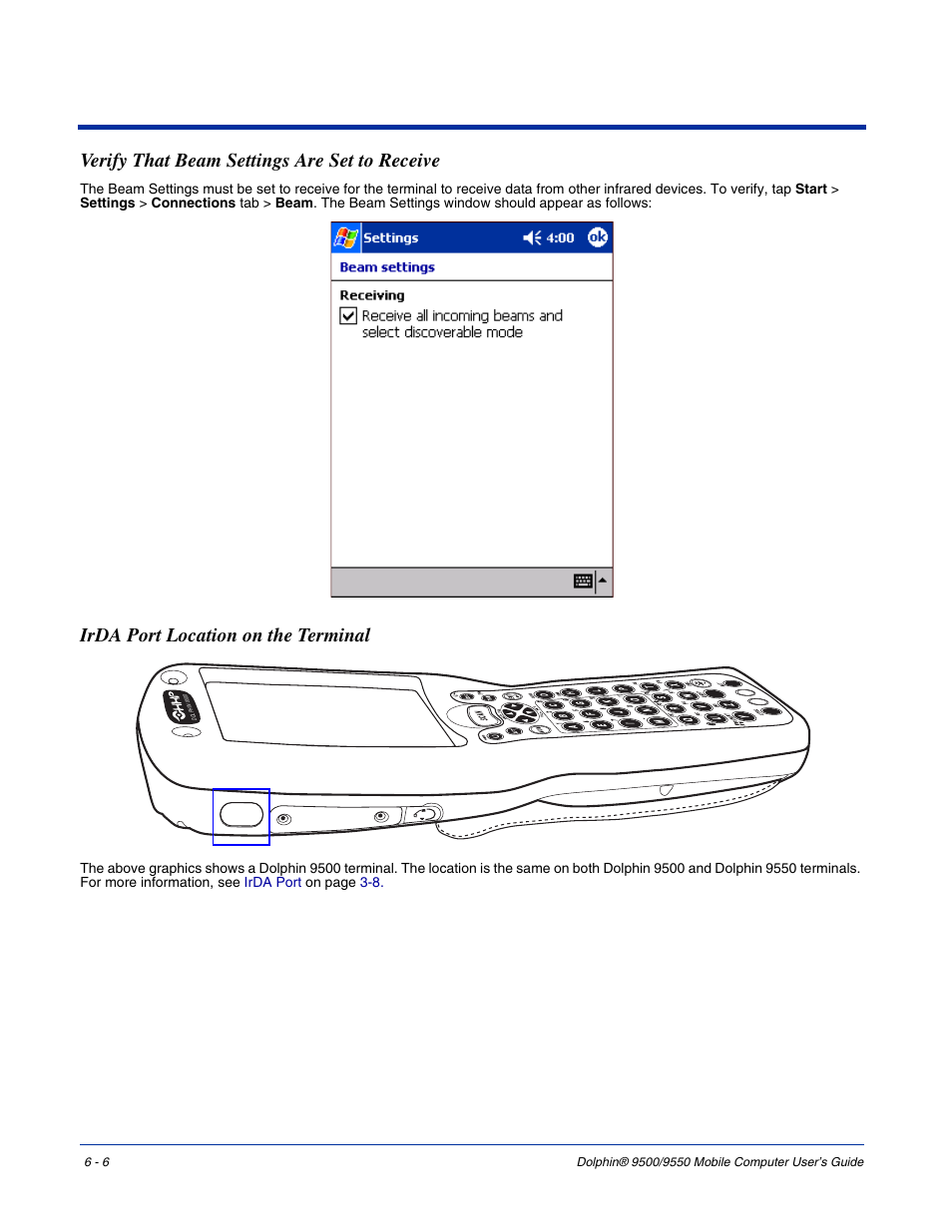 Verify that beam settings are set to receive, Irda port location on the terminal | Hand Held Products 9550 User Manual | Page 104 / 248