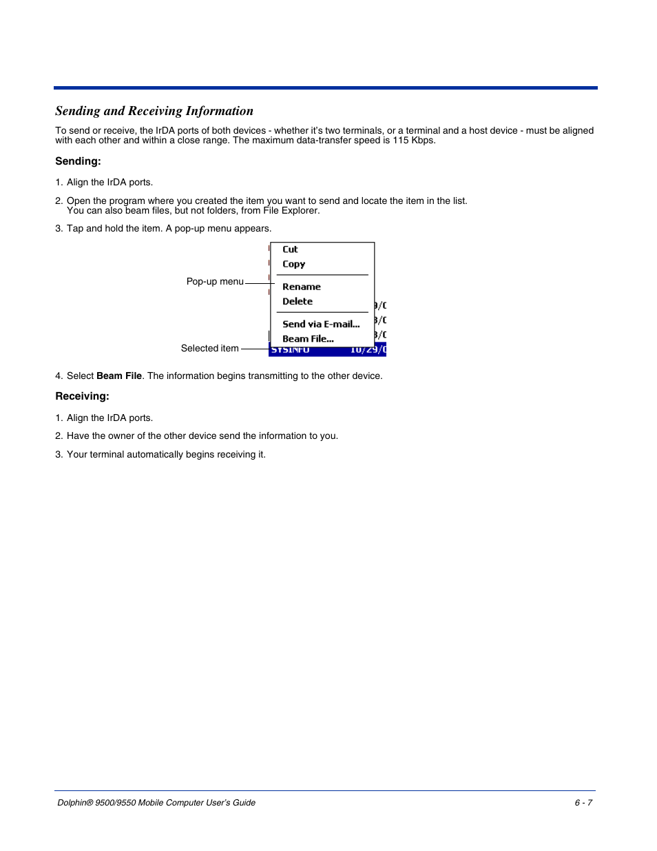 Sending and receiving information, Sending and receiving information -7 | Hand Held Products 9550 User Manual | Page 105 / 248