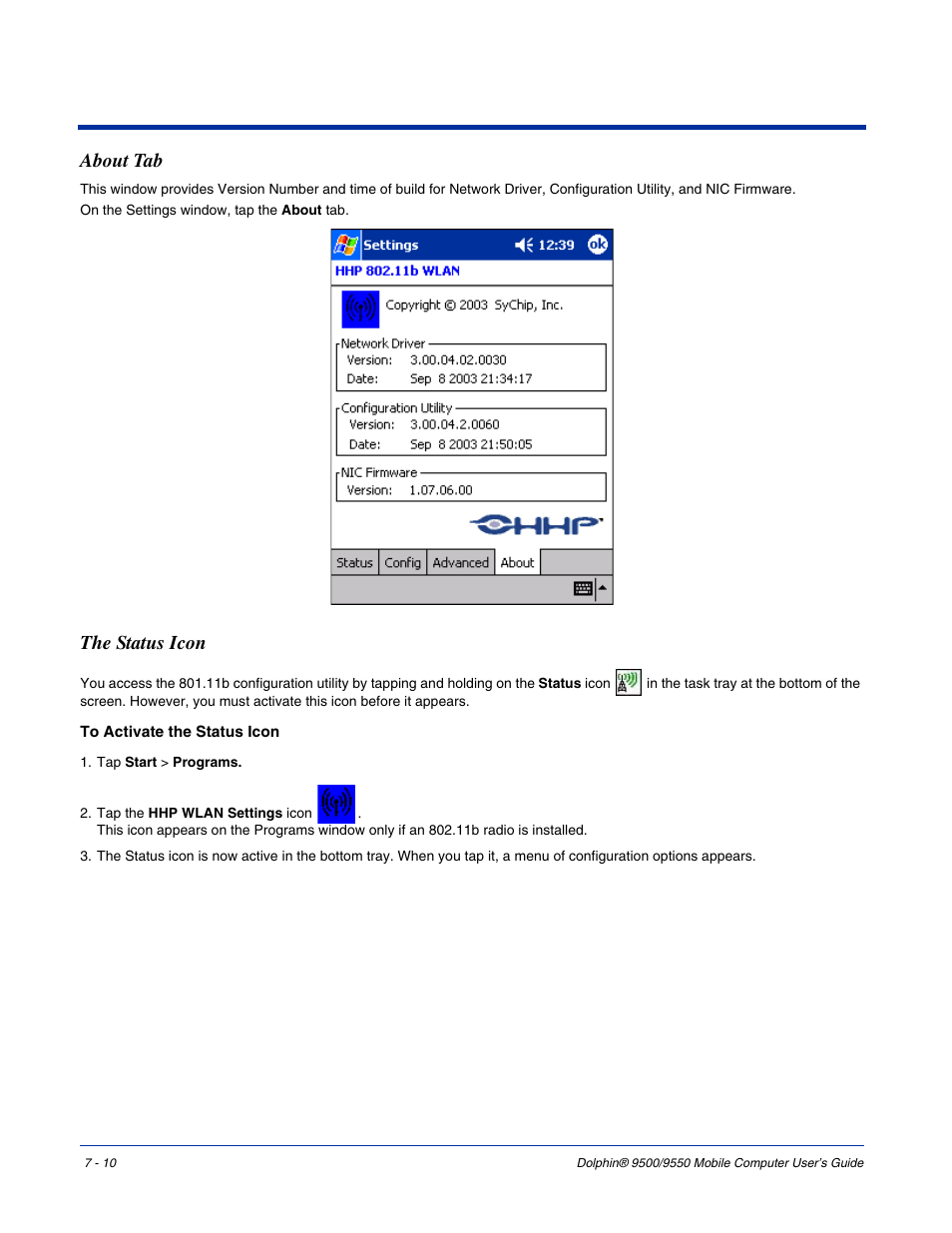 About tab, The status icon, About tab -10 the status icon -10 | The status, Icon | Hand Held Products 9550 User Manual | Page 118 / 248