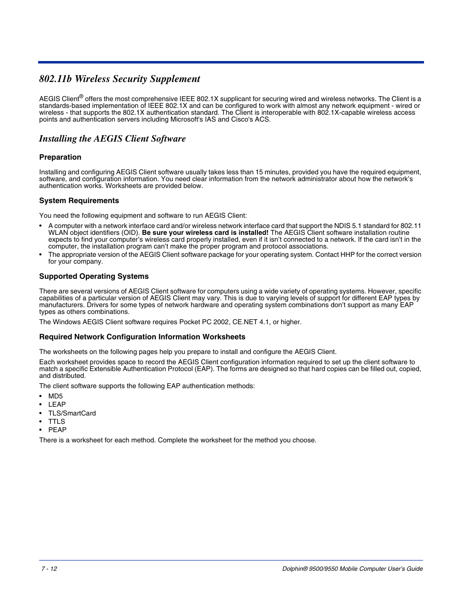 11b wireless security supplement, Installing the aegis client software, 11b wireless security supplement -12 | Installing the aegis client software -12 | Hand Held Products 9550 User Manual | Page 120 / 248