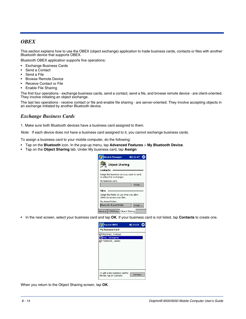 Obex, Exchange business cards, Obex -14 | Exchange business cards -14 | Hand Held Products 9550 User Manual | Page 148 / 248