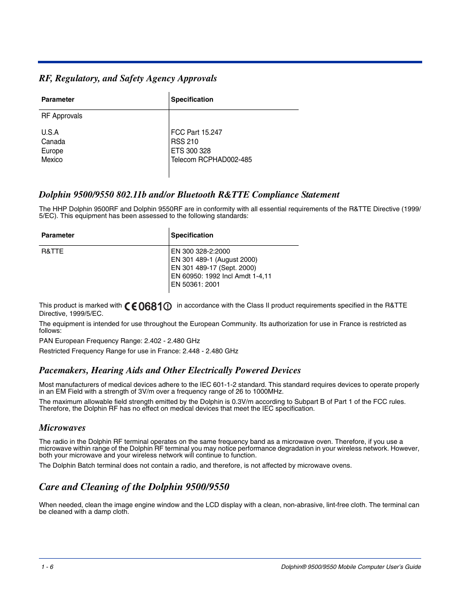 Microwaves, Care and cleaning of the dolphin 9500/9550, Care and cleaning of the dolphin 9500/9550 -6 | Hand Held Products 9550 User Manual | Page 16 / 248