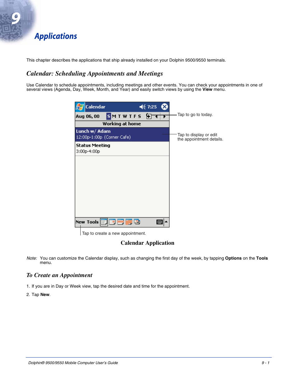 Applications, Calendar: scheduling appointments and meetings, Chapter 9 - applications | Calendar: scheduling appointments and meetings -1 | Hand Held Products 9550 User Manual | Page 167 / 248