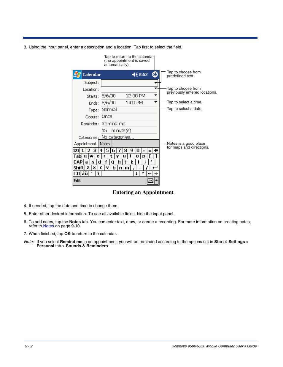 Entering an appointment | Hand Held Products 9550 User Manual | Page 168 / 248