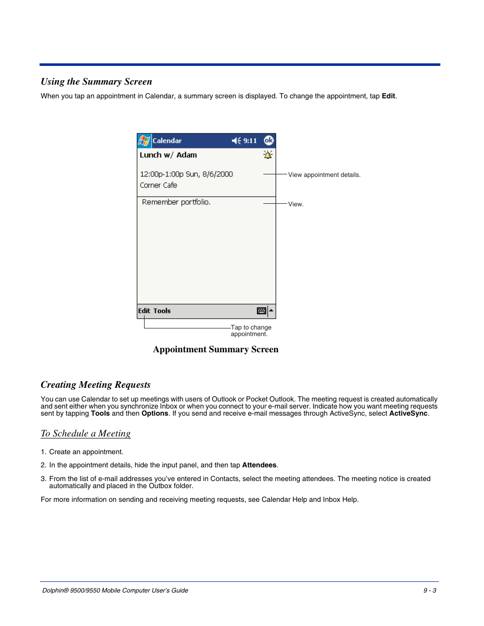 Using the summary screen, Creating meeting requests | Hand Held Products 9550 User Manual | Page 169 / 248