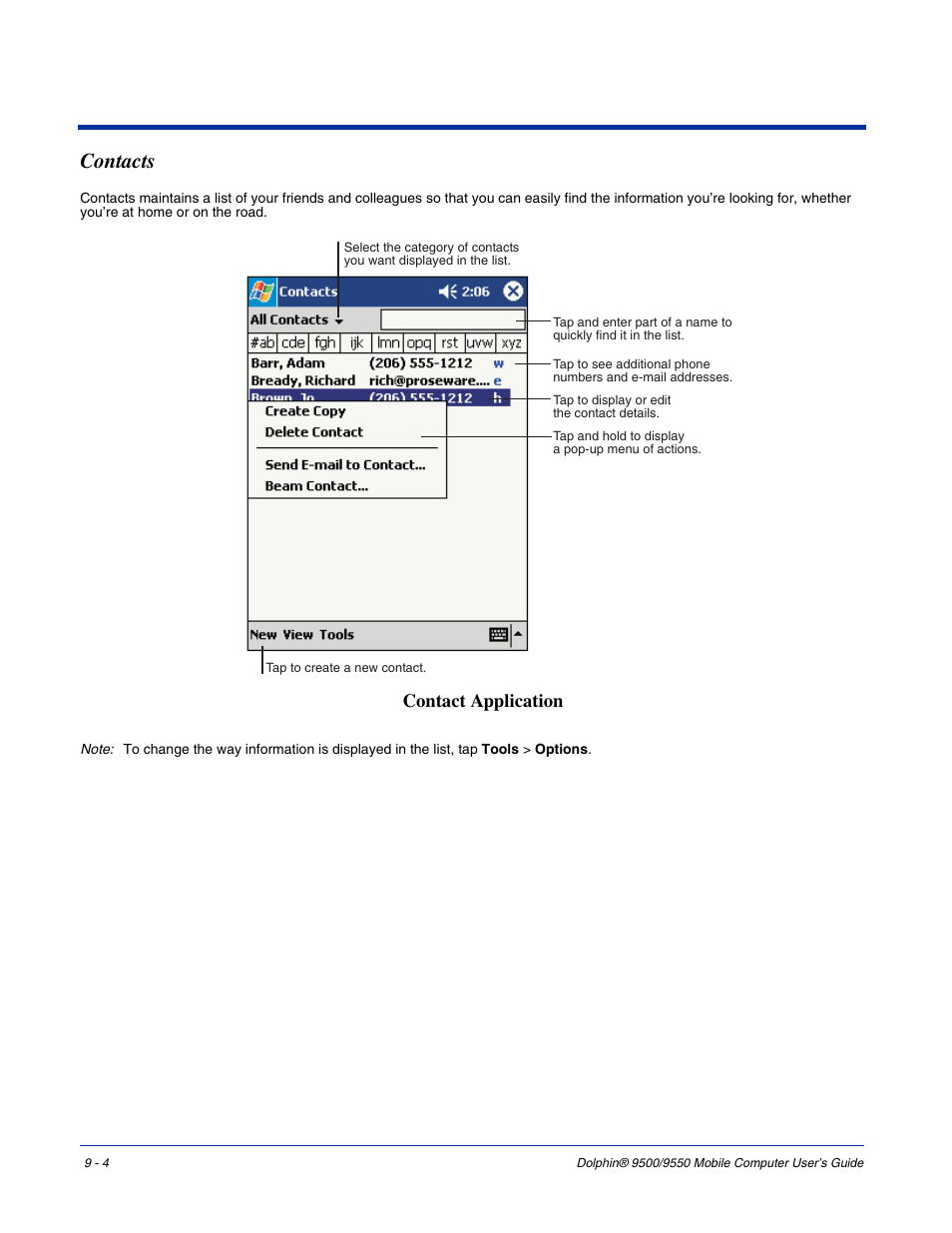 Contacts, Contacts -4, Contact application | Hand Held Products 9550 User Manual | Page 170 / 248