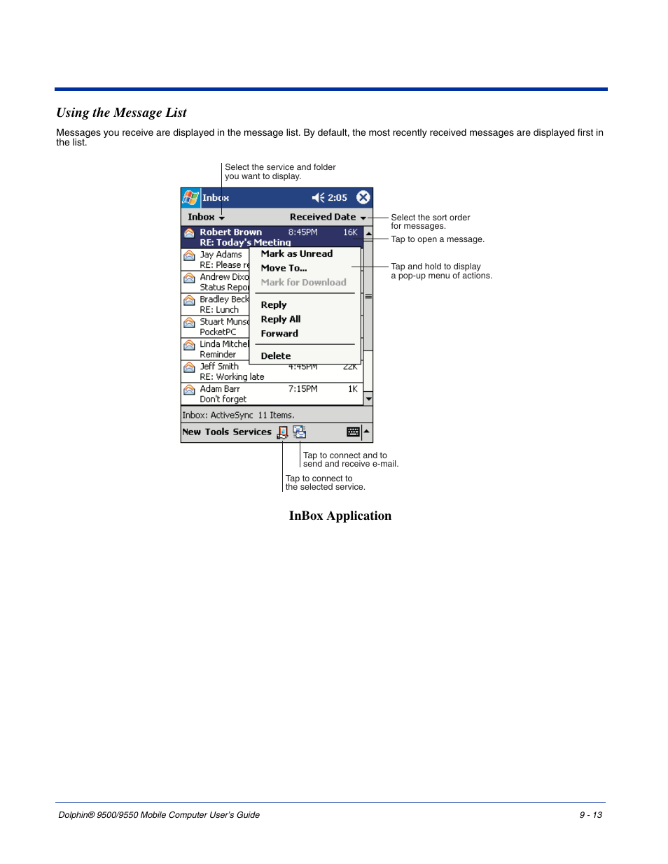 Using the message list, Using the message list -13, Inbox application | Hand Held Products 9550 User Manual | Page 179 / 248