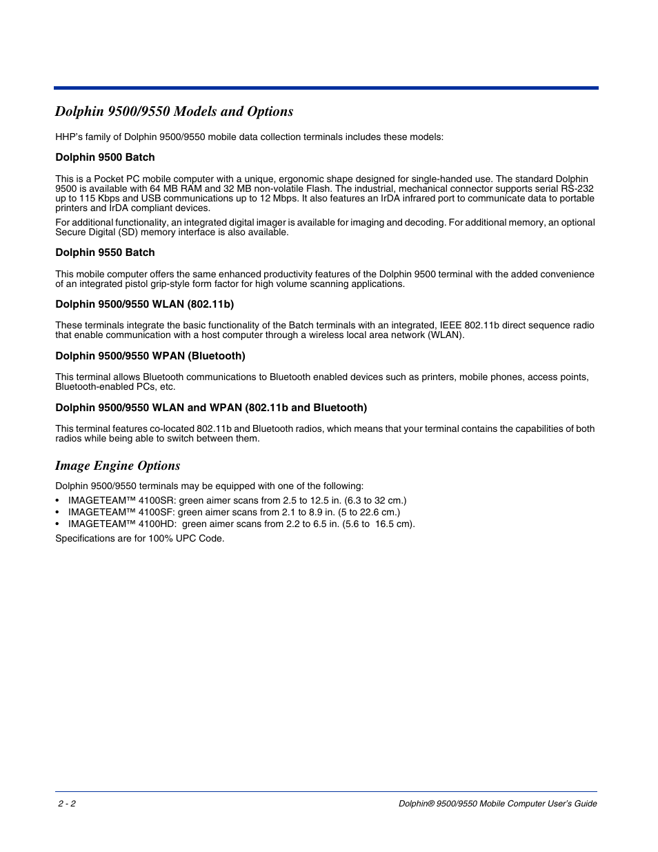 Dolphin 9500/9550 models and options, Image engine options, Dolphin 9500/9550 models and options -2 | Image engine options -2 | Hand Held Products 9550 User Manual | Page 18 / 248