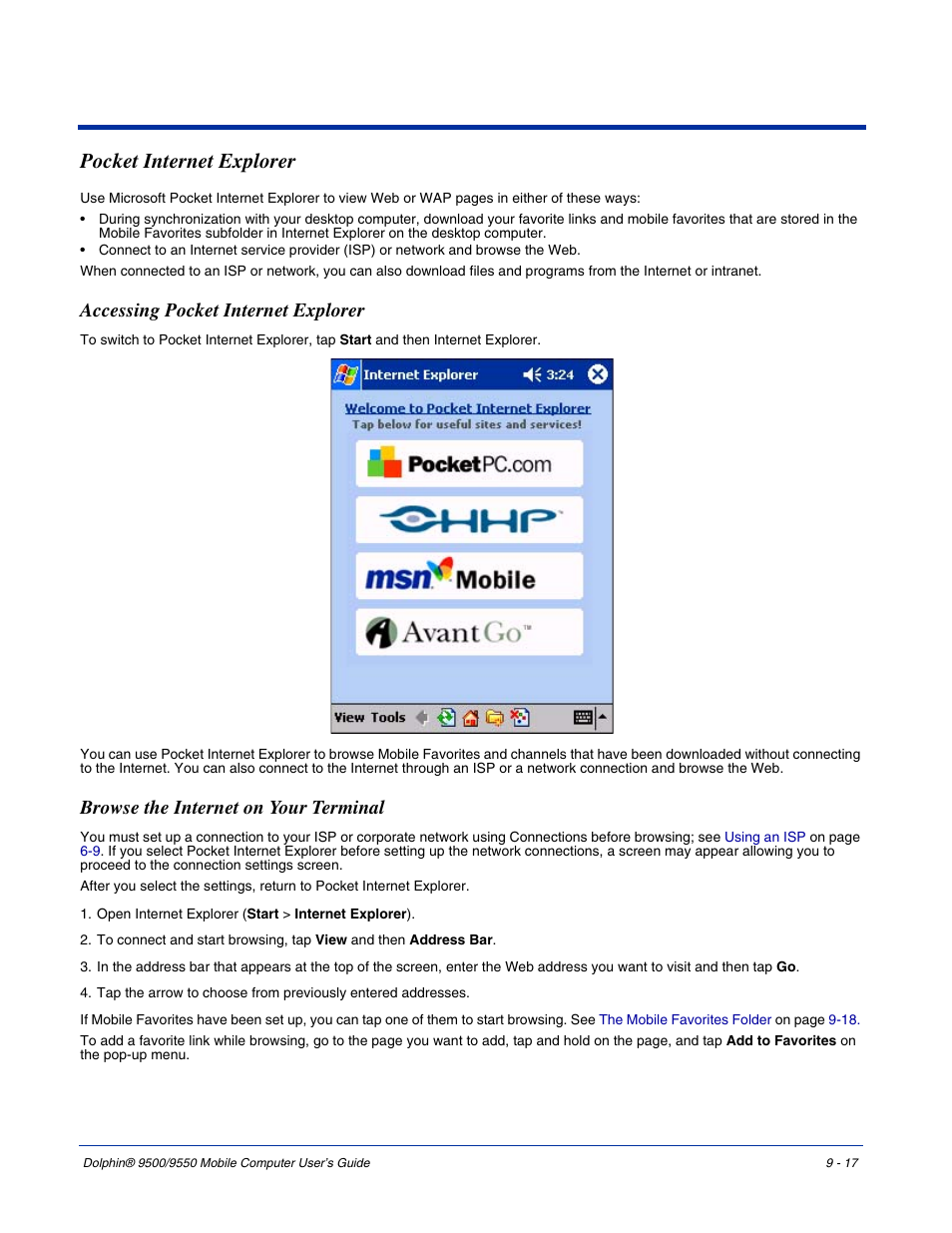 Pocket internet explorer, Accessing pocket internet explorer, Browse the internet on your terminal | Pocket internet explorer -17, Th pocket internet explorer, see | Hand Held Products 9550 User Manual | Page 183 / 248