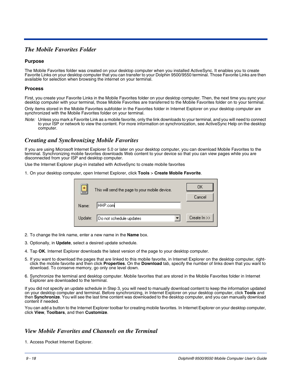 The mobile favorites folder, Creating and synchronizing mobile favorites, View mobile favorites and channels on the terminal | Hand Held Products 9550 User Manual | Page 184 / 248