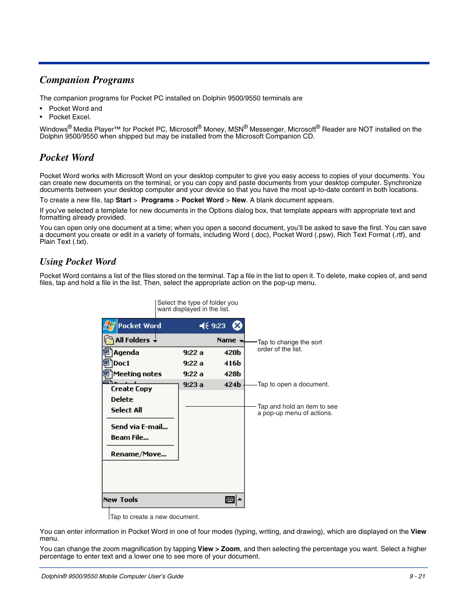 Companion programs, Pocket word, Using pocket word | Companion programs -21 pocket word -21, Using pocket word -21 | Hand Held Products 9550 User Manual | Page 187 / 248