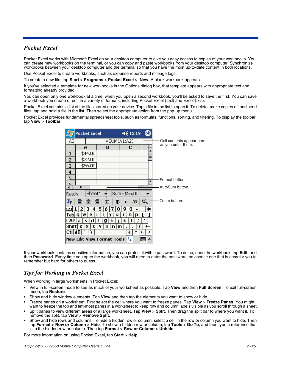 Pocket excel, Tips for working in pocket excel, Pocket excel -25 | Tips for working in pocket excel -25 | Hand Held Products 9550 User Manual | Page 191 / 248