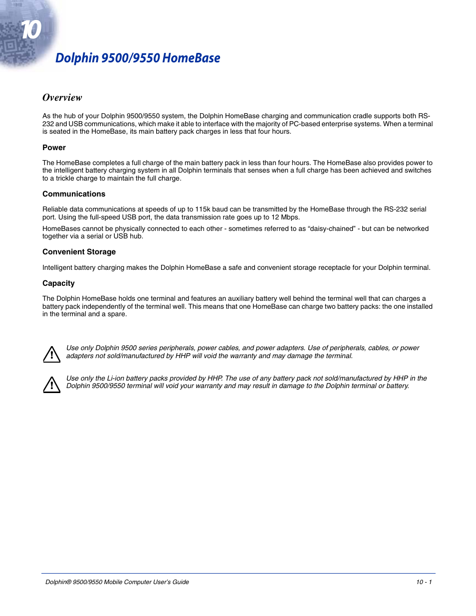 Dolphin 9500/9550 homebase, Overview, Chapter 10 - dolphin 9500/9550 homebase | Overview -1, For more information, see | Hand Held Products 9550 User Manual | Page 193 / 248