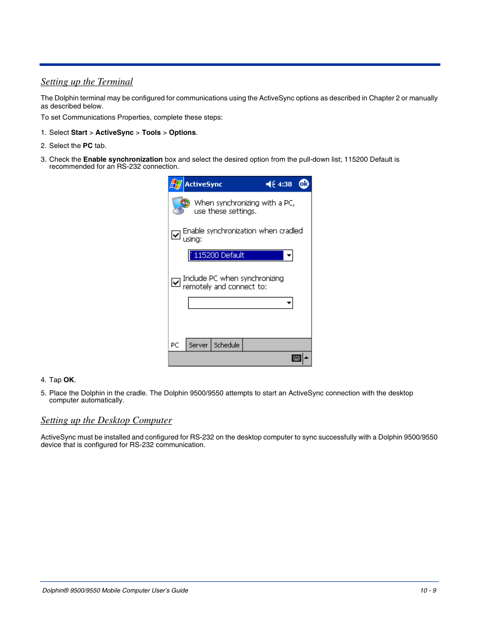 Setting up the terminal, Setting up the desktop computer | Hand Held Products 9550 User Manual | Page 201 / 248