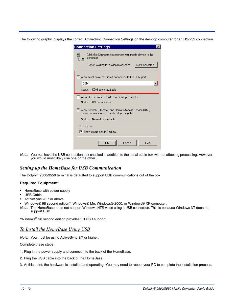 Setting up the homebase for usb communication, Setting up the homebase for usb communication -10 | Hand Held Products 9550 User Manual | Page 202 / 248