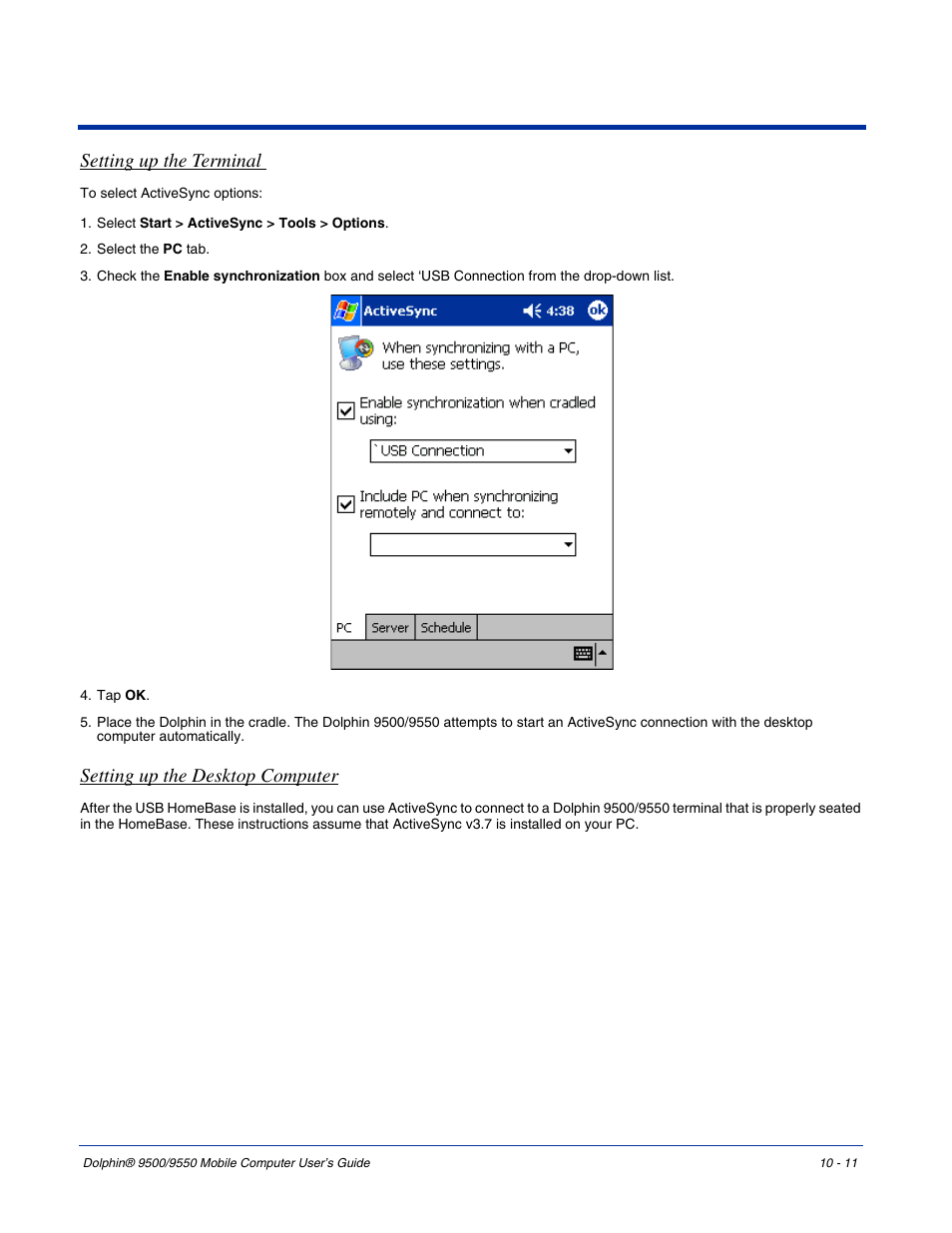 Setting up the terminal, Setting up the desktop computer | Hand Held Products 9550 User Manual | Page 203 / 248