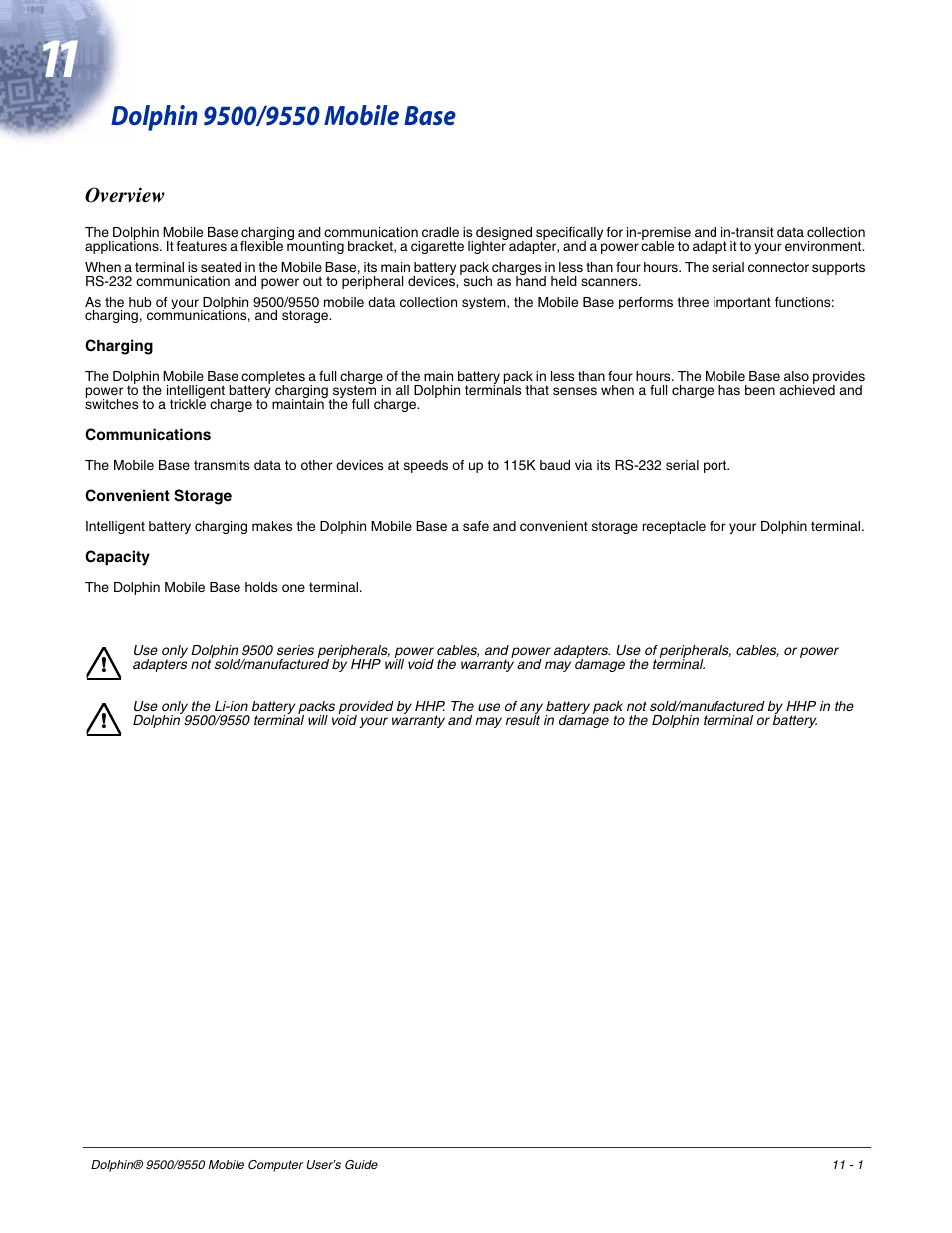 Dolphin 9500/9550 mobile base, Overview, Chapter 11 - dolphin 9500/9550 mobile base | Overview -1, For more information, see, Dolphin 9500, 9550 mobile base | Hand Held Products 9550 User Manual | Page 207 / 248