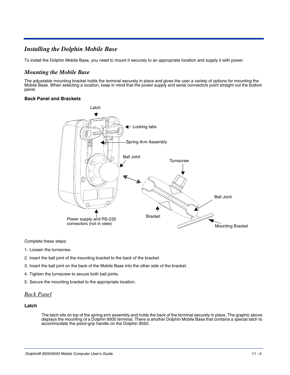 Installing the dolphin mobile base, Mounting the mobile base, Installing the dolphin mobile base -5 | Mounting the mobile base -5, Back panel | Hand Held Products 9550 User Manual | Page 211 / 248