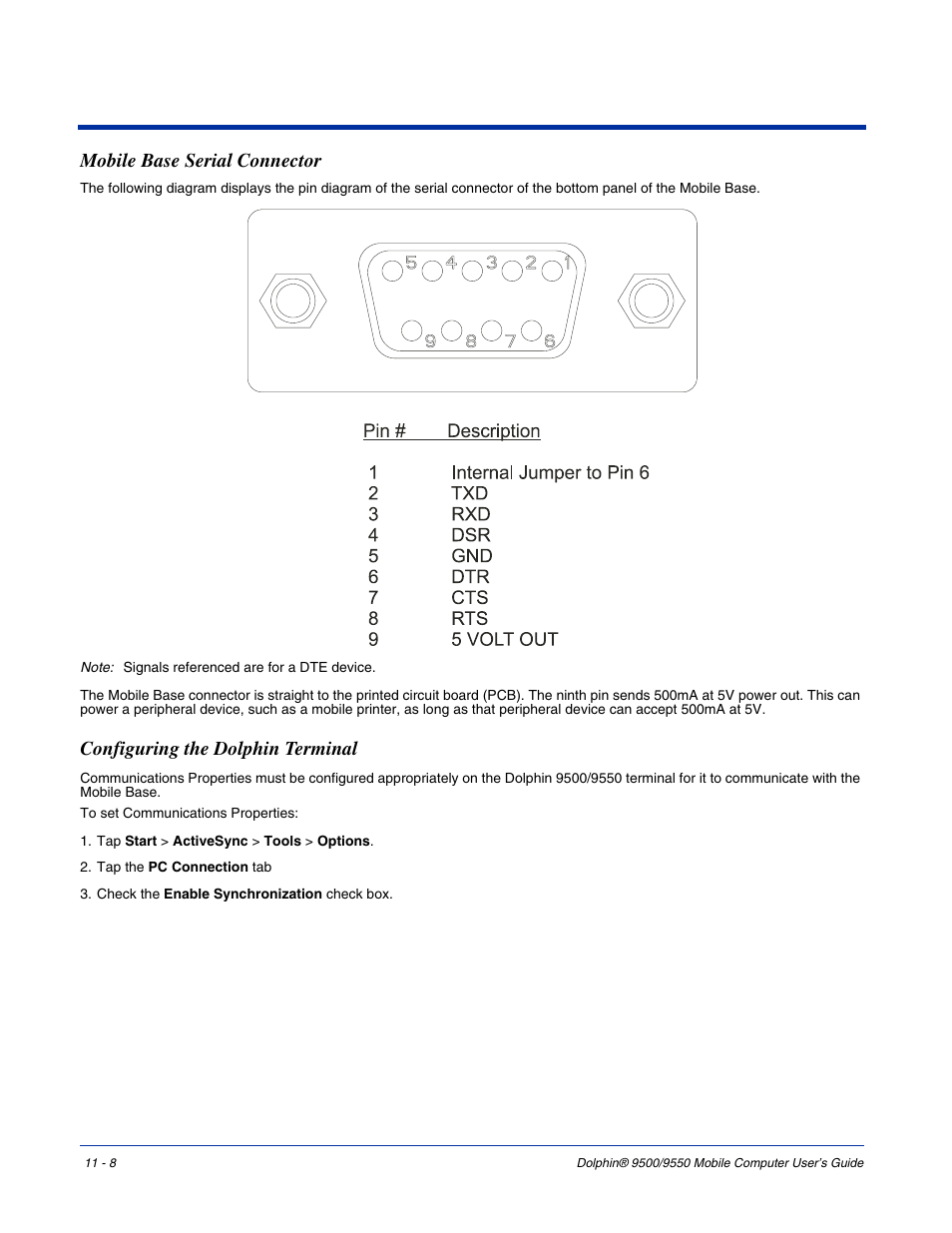 Mobile base serial connector, Configuring the dolphin terminal, Host device via rs-232; see | Hand Held Products 9550 User Manual | Page 214 / 248