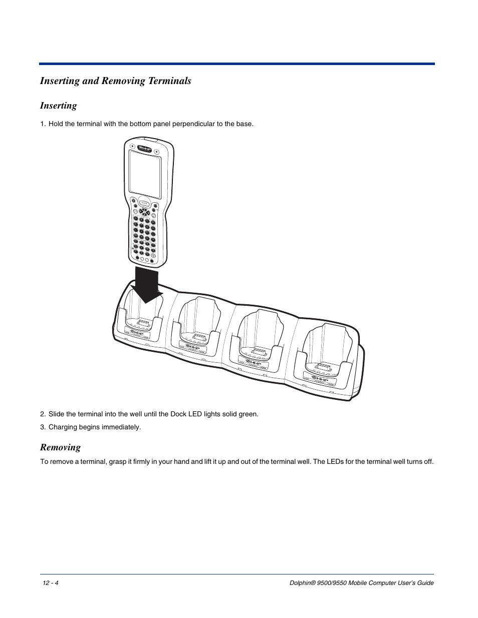 Inserting and removing terminals, Inserting, Removing | Inserting and removing terminals -4, Inserting -4 removing -4, Send end power vol pg vo l pg | Hand Held Products 9550 User Manual | Page 220 / 248