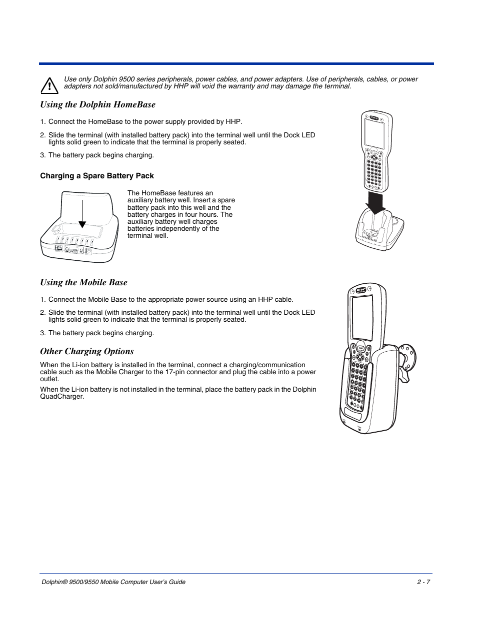 Using the dolphin homebase, Using the mobile base, Other charging options | Charging a spare battery pack, Doc k aux batte ry comm d ol p h in 9 5 00, E sc ta b sf t, N um e nt | Hand Held Products 9550 User Manual | Page 23 / 248