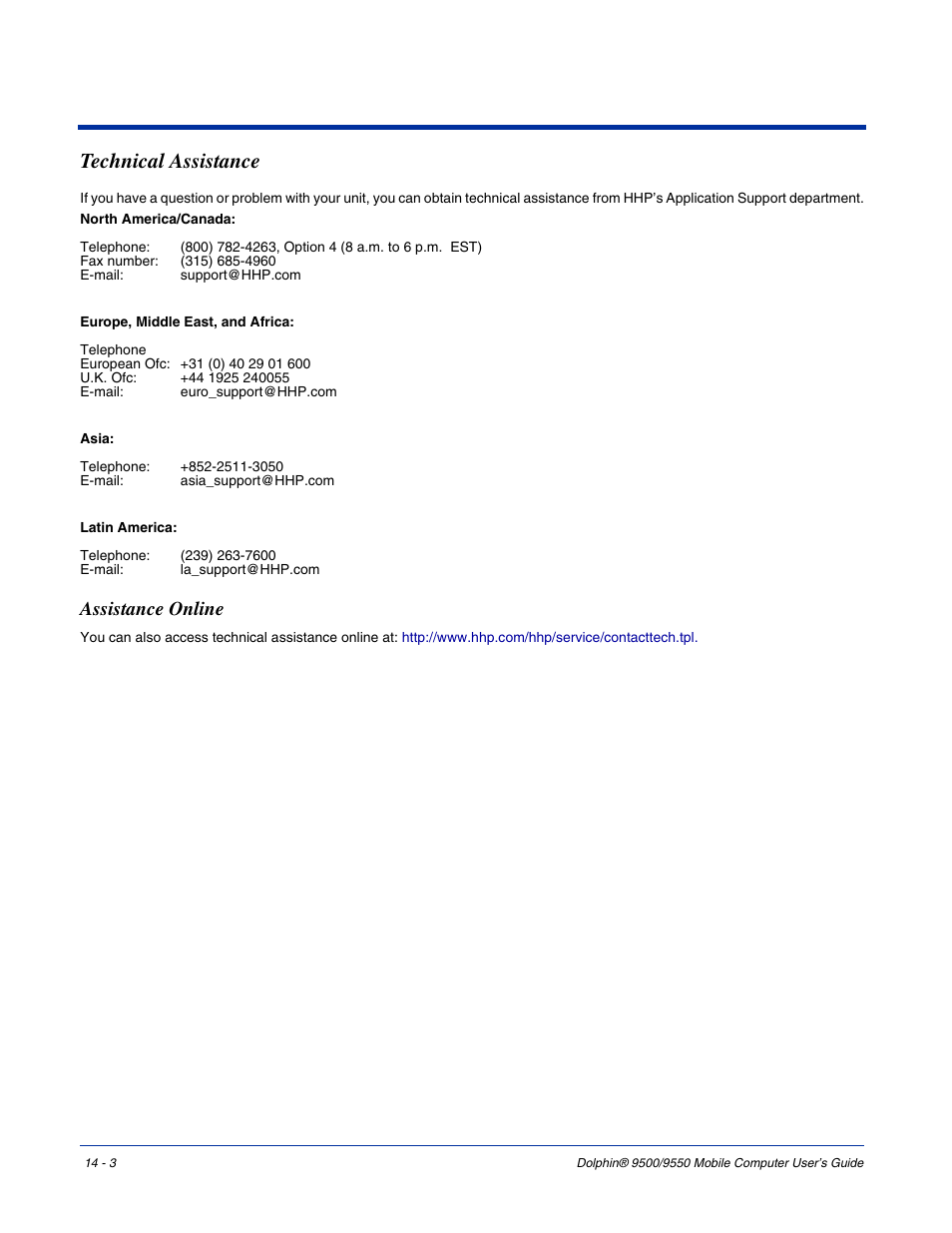 Technical assistance, Assistance online, Technical assistance -3 | Assistance online -3 | Hand Held Products 9550 User Manual | Page 235 / 248
