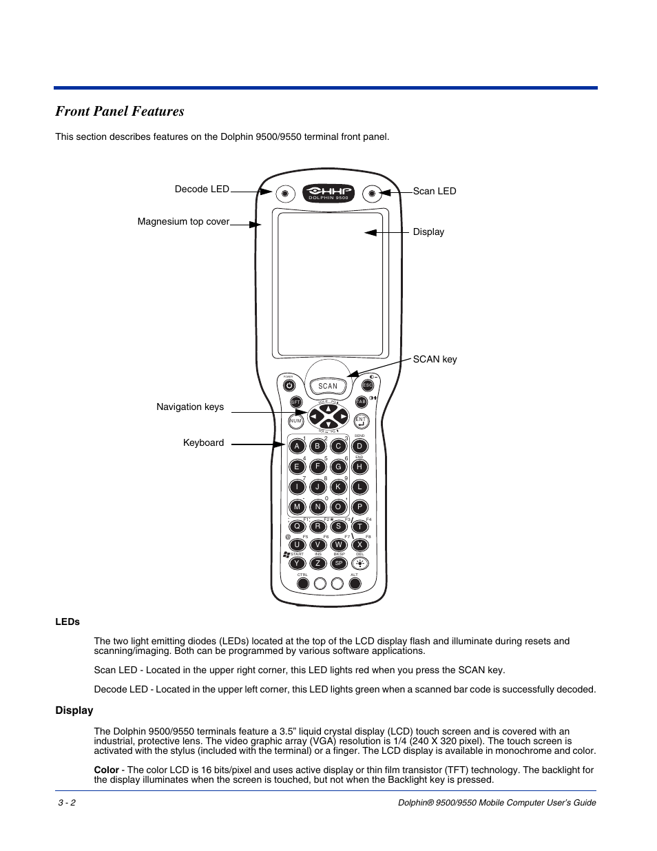 Front panel features, Front panel features -2, Display | Hand Held Products 9550 User Manual | Page 30 / 248